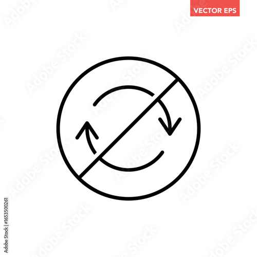 Black single stop refresh line icon, simple round no sync full rotation flat design illustration vector pictogram, infographic interface elements for app web button ui ux isolated on white background