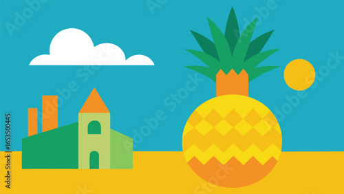 Flat design illustration of a pineapple, factory, and clouds on a beach fruit tropical