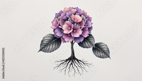 modern ink and wash featuring a hydrangea with roots showing on a white background, airy and refined.