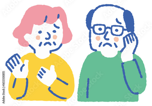 Elderly men and women with troubled expressions_Color