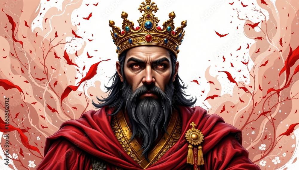 Fototapeta premium an ancient emperor wearing a crown rendered in grand epic illustration on a clean white background, not filling the frame.