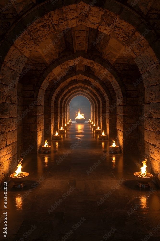 Obraz premium Ancient stone corridor with arched ceiling illuminated by fire torches, mysterious underground tunnel creating historic atmosphere of medieval castle, dungeon, or fantasy adventure