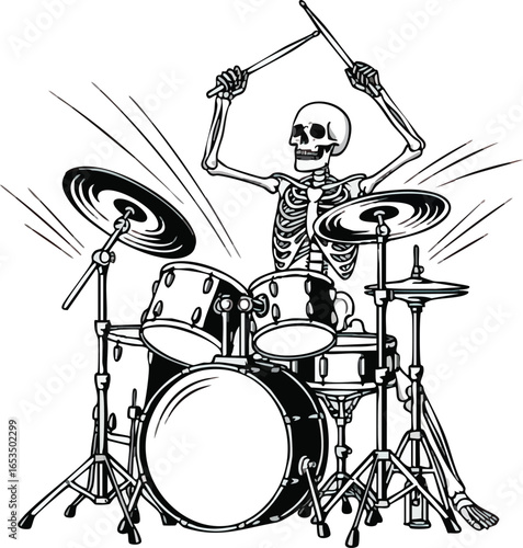 A skeletal figure energetically plays a drum set, sticks raised high, creating a dynamic visual representation of musical performance.