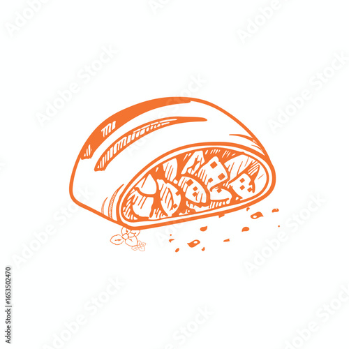 An apple strudel icon on a white background, A hand drawn illustration of sushi or apple strudel icon on a white background