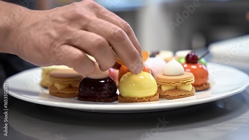 Close Up Colorful Pastry Arrangement On White Plate Elegant Gourmet Dessert Plating Professional Chef Hands Preparing Delicious Miniature Cakes