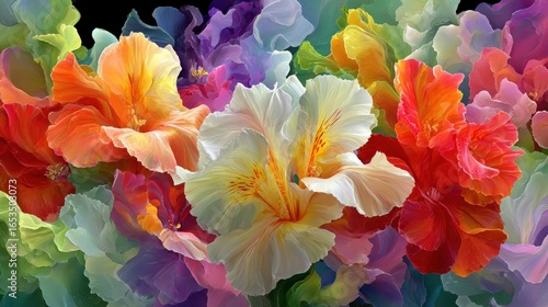 Wallpaper Mural Vibrant floral arrangement featuring colorful hibiscus flowers against a dark background Torontodigital.ca