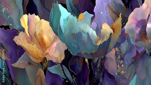 Vibrant floral arrangement featuring large blossoms in shades of blue, pink, and gold against a dark background