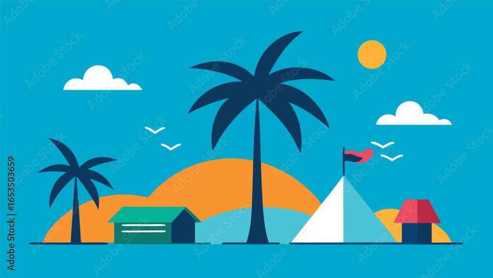 Obraz premium Minimalist Tropical Beach Scene with Palm Trees and Huts flat design