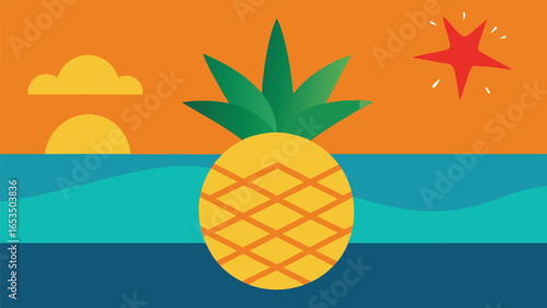Pineapple on a beach with ocean waves, sun, clouds, and a starburst Keywords: pineapple, stylized, fruit, tropical, beach, ocean, waves, sea, water, sun, sunset, clouds, starburst, red, orange