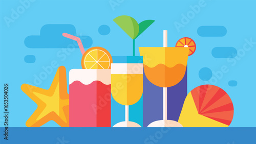 Refreshing Summer Cocktails with Starfish and Fan Against Blue Sky drinks beverages