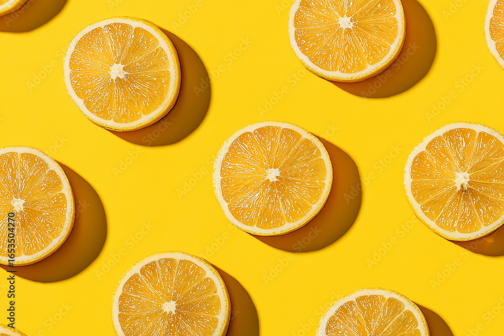 Obraz premium Lemon Slices on a Yellow Background