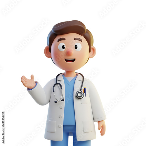 3D illustration of a cartoon-style doctor with a stethoscope and white coat, showing an open hand gesture on a transparent background.