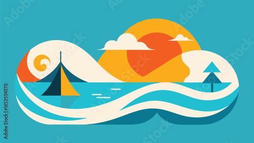 Stylized Illustration of a Tropical Beach Scene with Sailboat and Sun ocean water