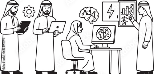 Modern Middle Eastern Arab Tech, FinTech Workforce – Flat line Vector of Arab Engineers and Developers