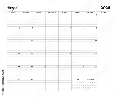 August 2026 Minimalist Printable Calendar Page with Notes Section