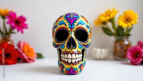 a vibrant festival art of a skull figurine with intricate patterns on a white background with room around.