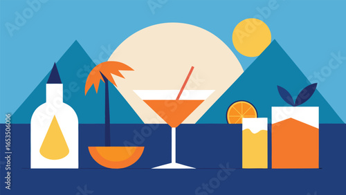 Tropical cocktail and drinks with mountains and sun in background beverage alcohol