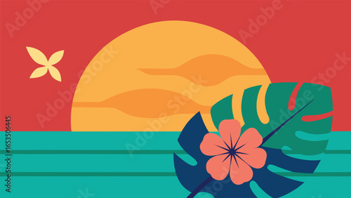 Tropical Sunset Over Calm Ocean With Hibiscus Flower And Palm Leaf beach