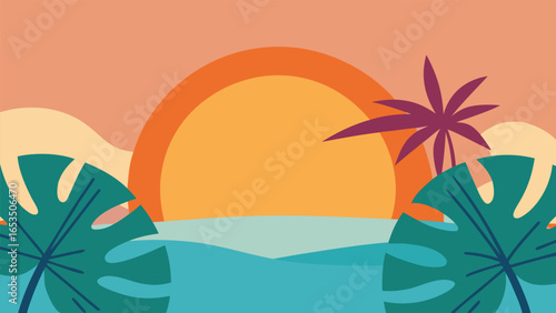 Tropical Sunset Over Calm Ocean with Palm Tree and Large Leaves water waves