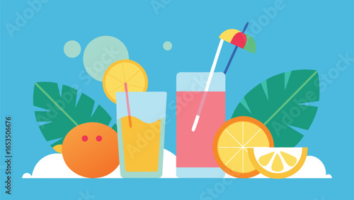 Two Refreshing Summer Drinks with Fruit and Tropical Leaves beverages cocktails