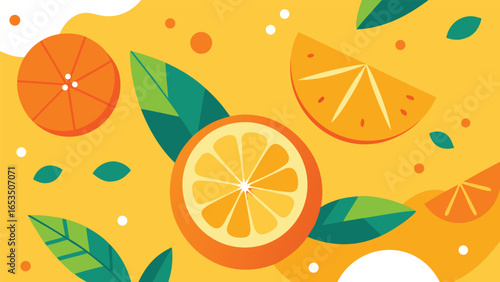 Vibrant Orange Citrus Fruit Pattern with Green Leaves and Circles slice