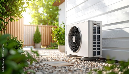 Modern outdoor HVAC unit nestled in a landscaped backyard