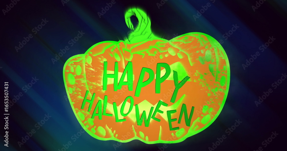 Fototapeta premium Glowing green and orange pumpkin with HAPPY HALLOWEEN text image