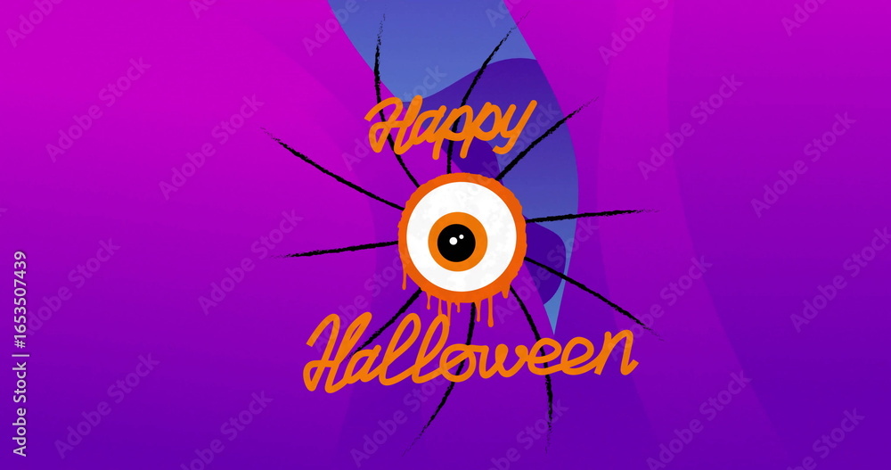 Fototapeta premium Image of happy halloween text with moving eye over purple shapes on blue background