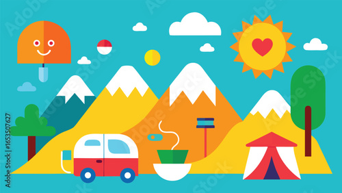 Whimsical Mountain Camping Scene with Camper and Tent mountains nature