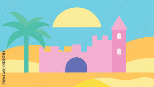 Whimsical Pink Sandcastle and Palm Tree on a Sunny Day beach