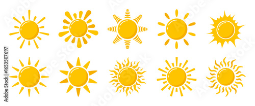 Sun icon cartoon style set, yellow solar symbol pack, sunshine front view sign, bold flare light with various beam, bright daylight mark, warm sparkle round star, heat energy, weather pictogram