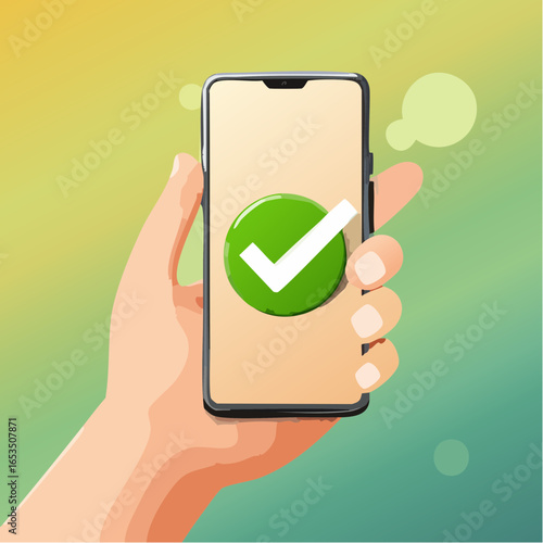 3D Hand holding mobile phone with Check mark. Tick on smartphone screen. Character finger. Completed task, done payment. Business concept.