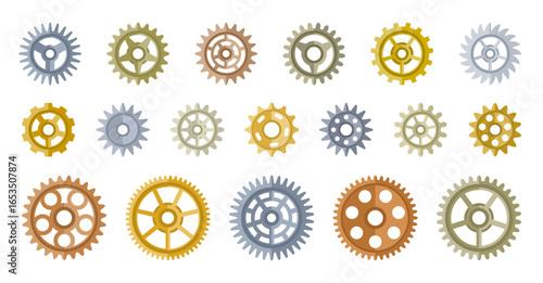 Metallic gear flat set. Toothed wheel different shapes sizes colors styles. Cog mechanism element, engineering detail, industrial. Round precision rotation sprocket machine part. Settings symbol