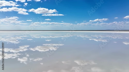A vast, tranquil salt lake reflects a vibrant sky dotted with fluffy clouds.  A horizontal band of land separates the water's surface from the clear azure above