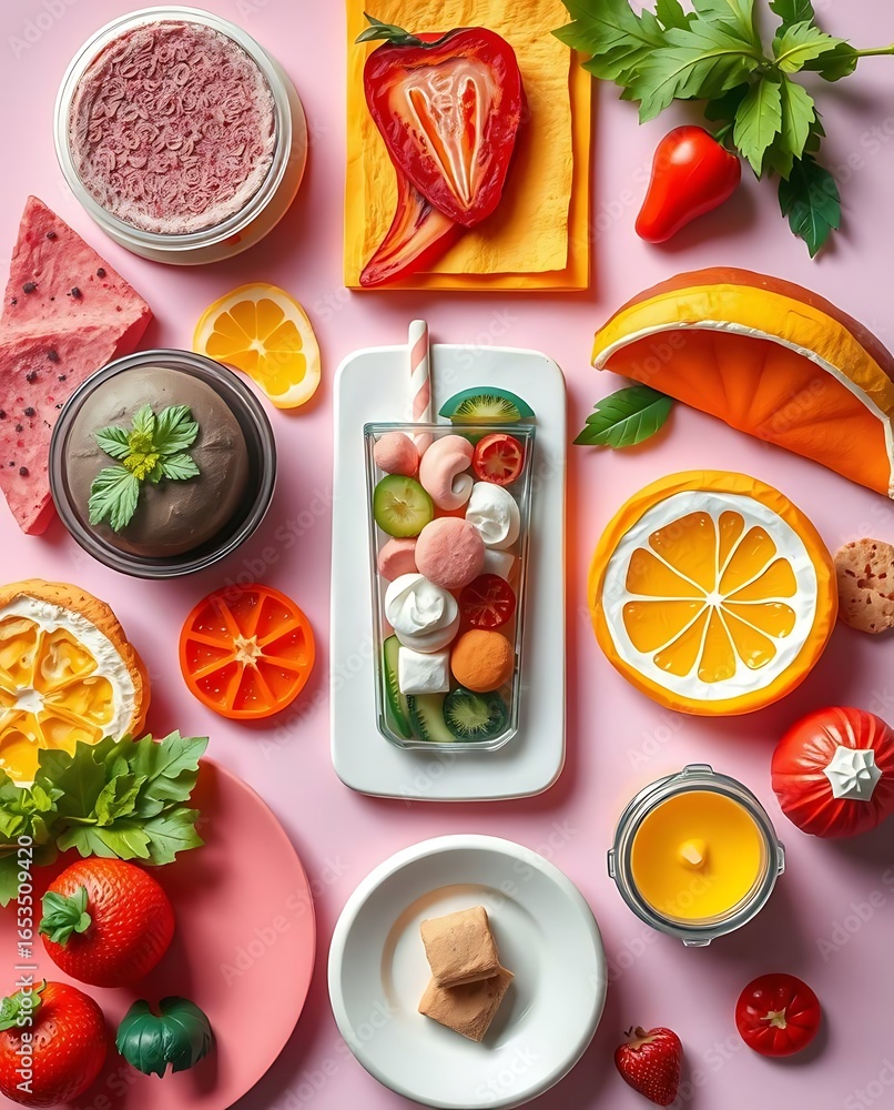 Naklejka premium Vibrant fruit assortment arranged on pink surface for playful visual feast