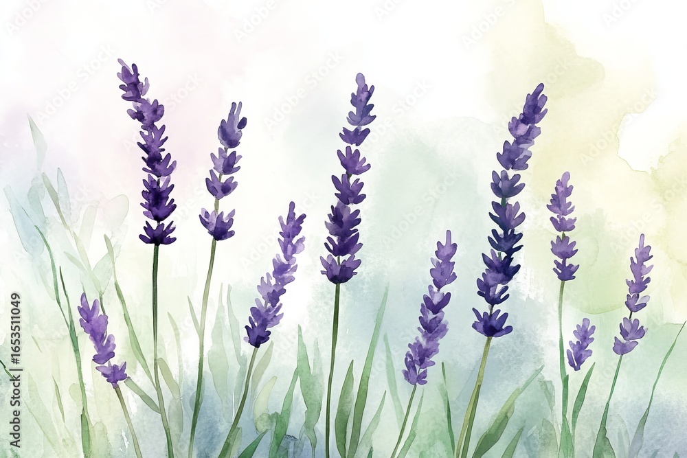 Naklejka premium Spanish Lavender,purple bloom,fragrant plant,ornamental shrub.A watercolor illustration of Spanish lavender in a field, blending soft lavender hues with gentle greens