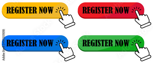Register now button vector illustration for web design and online registration form call to action graphic on white background.  Register now button vector for quick online signup. register, button