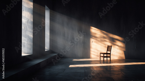 A stark and powerful image of a single chair placed in a large, empty, and sunlit room. The image's composition and use of light and shadow create a dramatic, quiet, and thought-provoking mood.