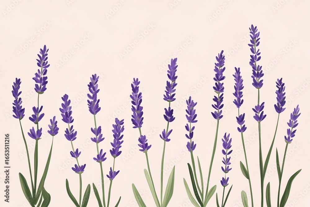 Naklejka premium A minimalist illustration of Spanish lavender, using soft, flowing lines and pastel colors.Spanish Lavender,fragrant plant,ornamental shrub,purple bloom.