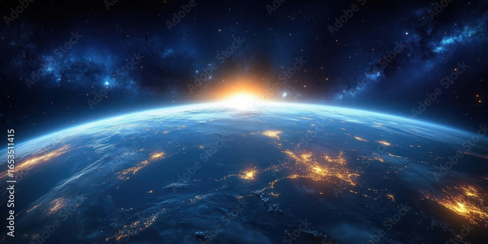 Obraz premium View of planet Earth from space with glowing city lights on the dark side and the sun rising over the horizon, surrounded by stars and cosmic clouds