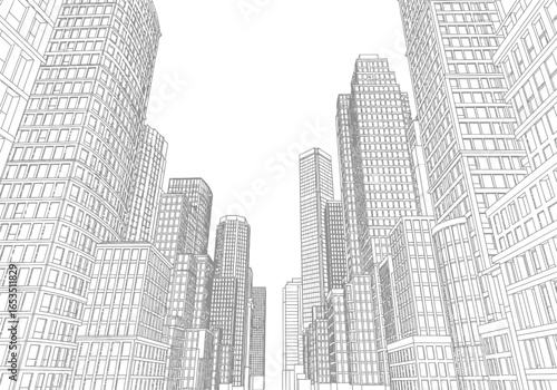 Abstract architectural sketch of towering skyscrapers creating a futuristic urban canyon with a bright sky overhead