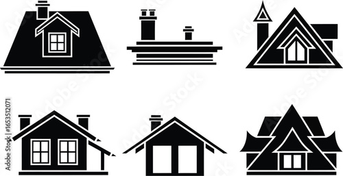 Collection of six distinct black silhouette house icons with various rooflines and architectural styles on white background