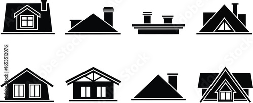 Collection of eight distinct black silhouette house roof designs with architectural details and chimney elements