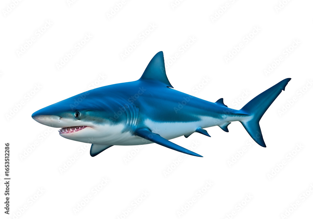 Obraz premium A striking, vibrant blue shark dominates a stark black background.