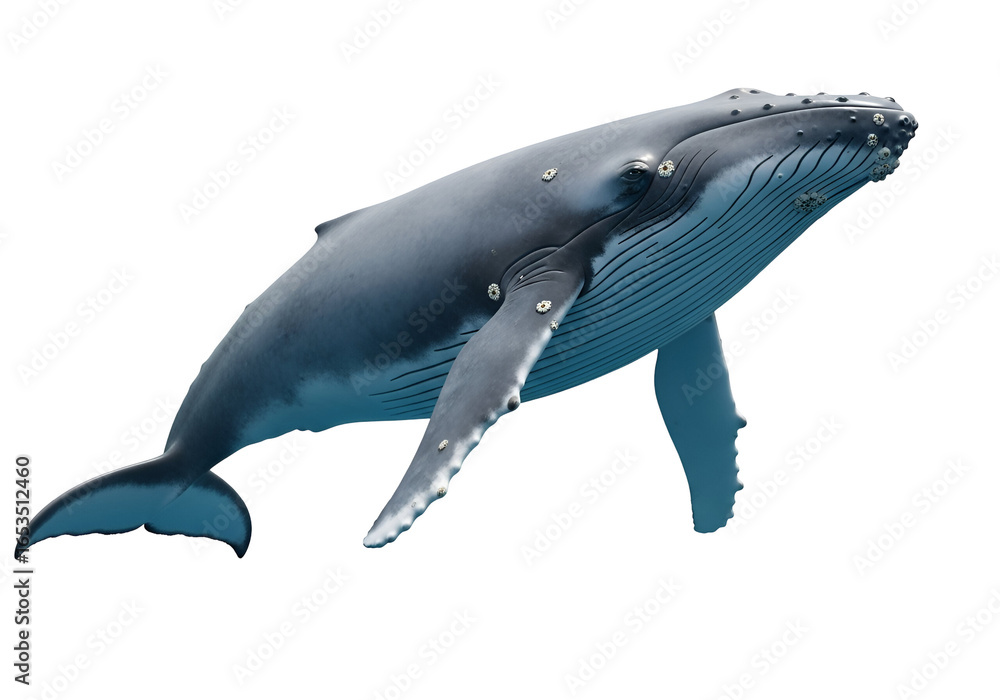Fototapeta premium Detailed illustration of a humpback whale in motion against a stark black background.