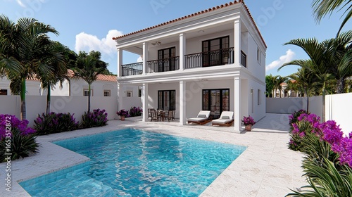 Mediterranean Style Two Story White House with Pool and Lush Landscaping