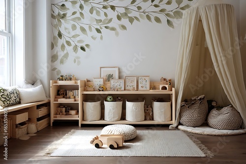 Charming children's playroom with natural light, playful decor, and cozy reading nook for imaginative adventures and peaceful moments at home