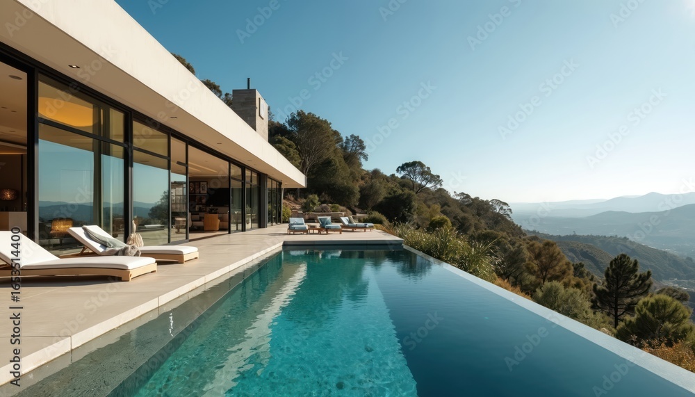 Fototapeta premium Luxurious modern California villa features expansive glass walls, minimalist facade, infinity pool. Set in hills, it offers scenic countryside views, perfect for upscale living and vacation rentals.
