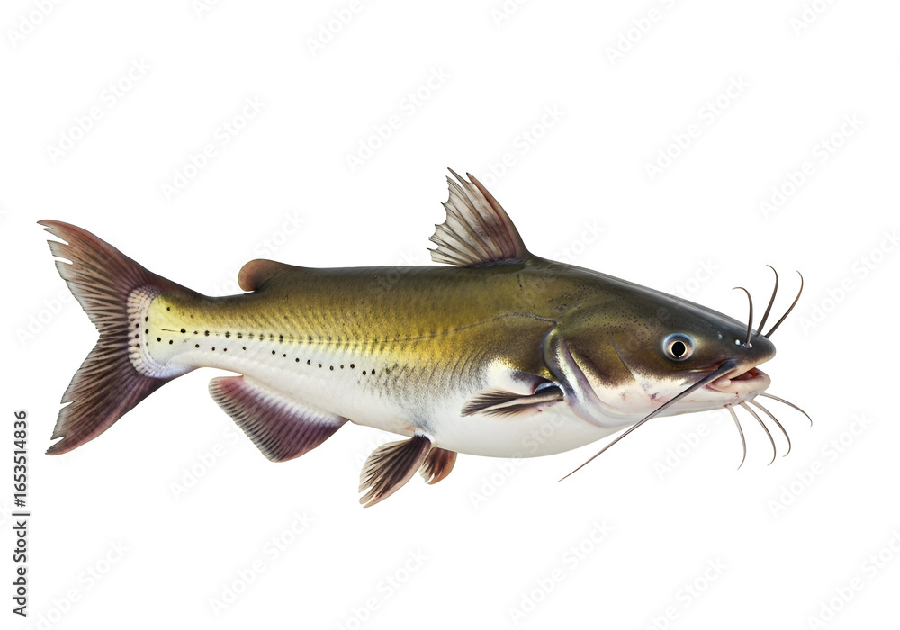Fototapeta premium Full shot of a channel catfish, displaying detailed scales and fins against a black background.