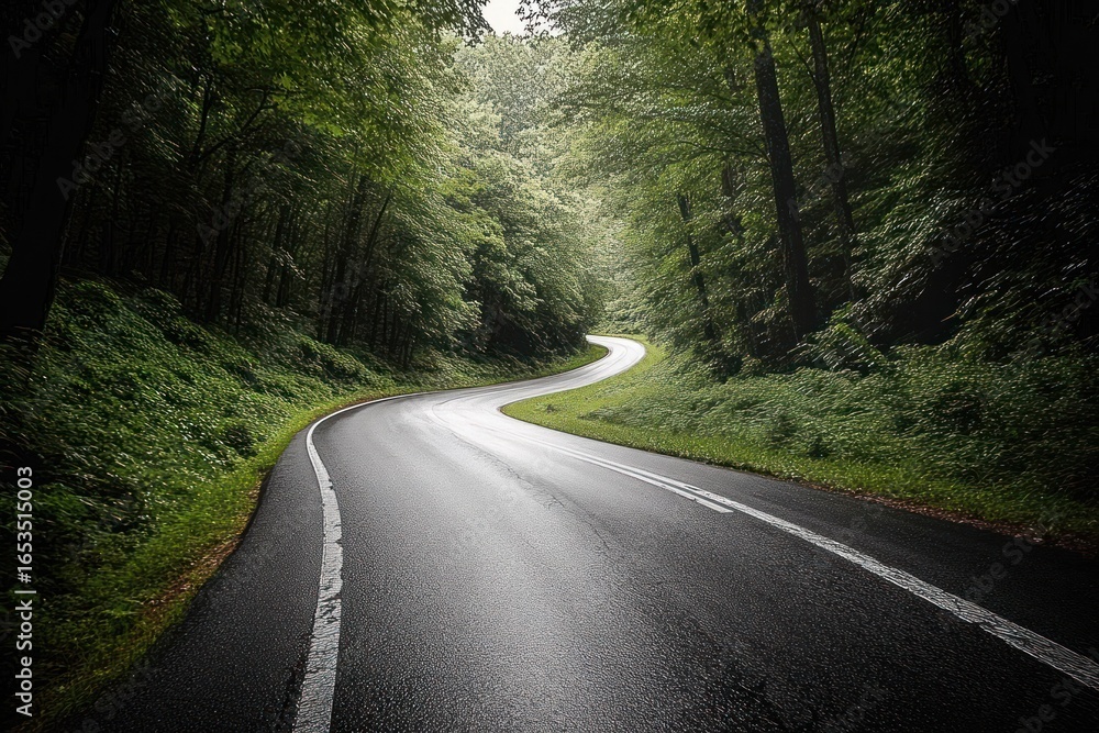 Fototapeta premium Winding road through dense green forest with wet asphalt and soft natural light conveying tranquility and calmness